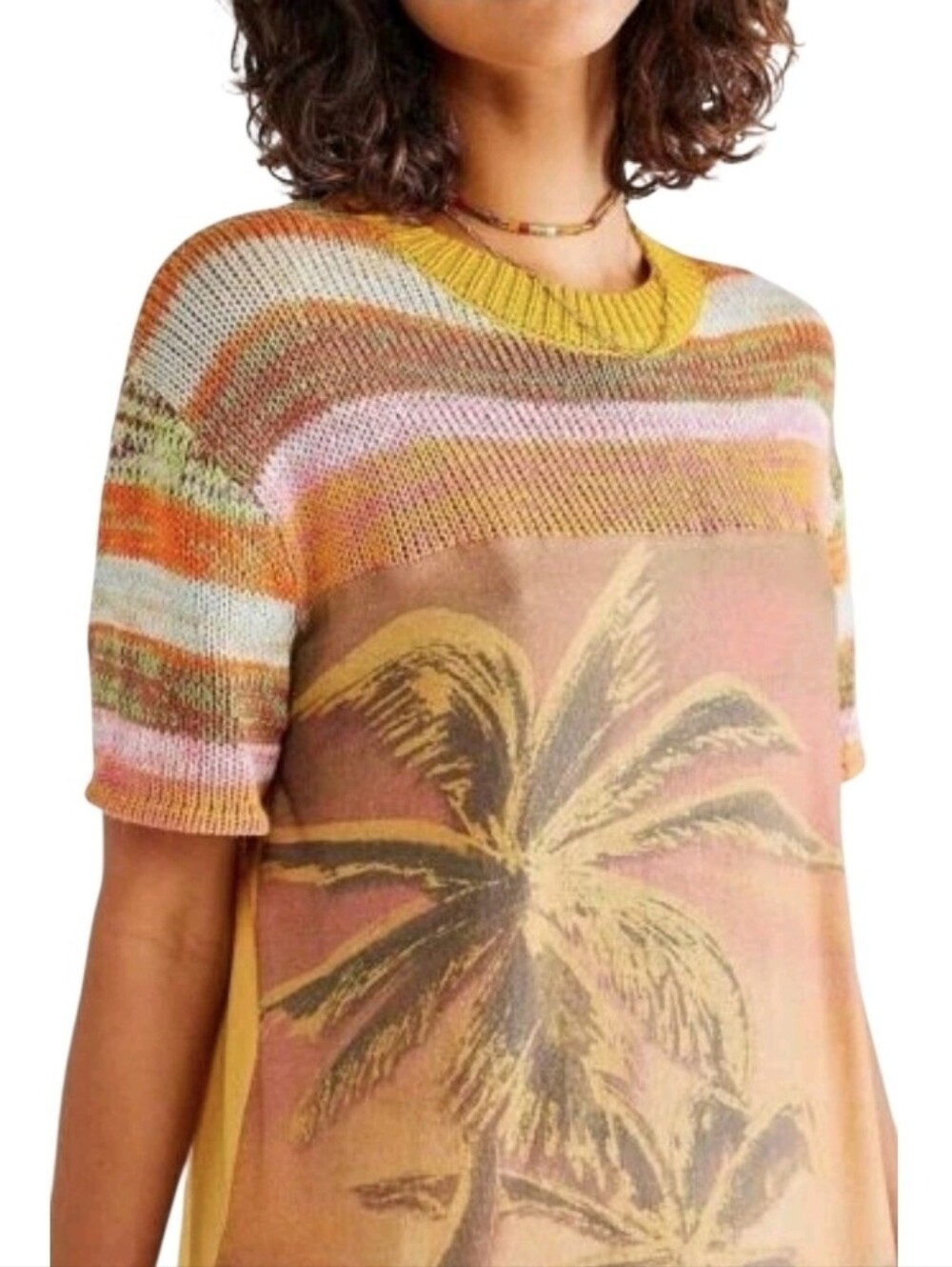 We The Free Ibiza Swit Multicolor Knit Sleeve Retro Palm Tree Tee. Size Medium